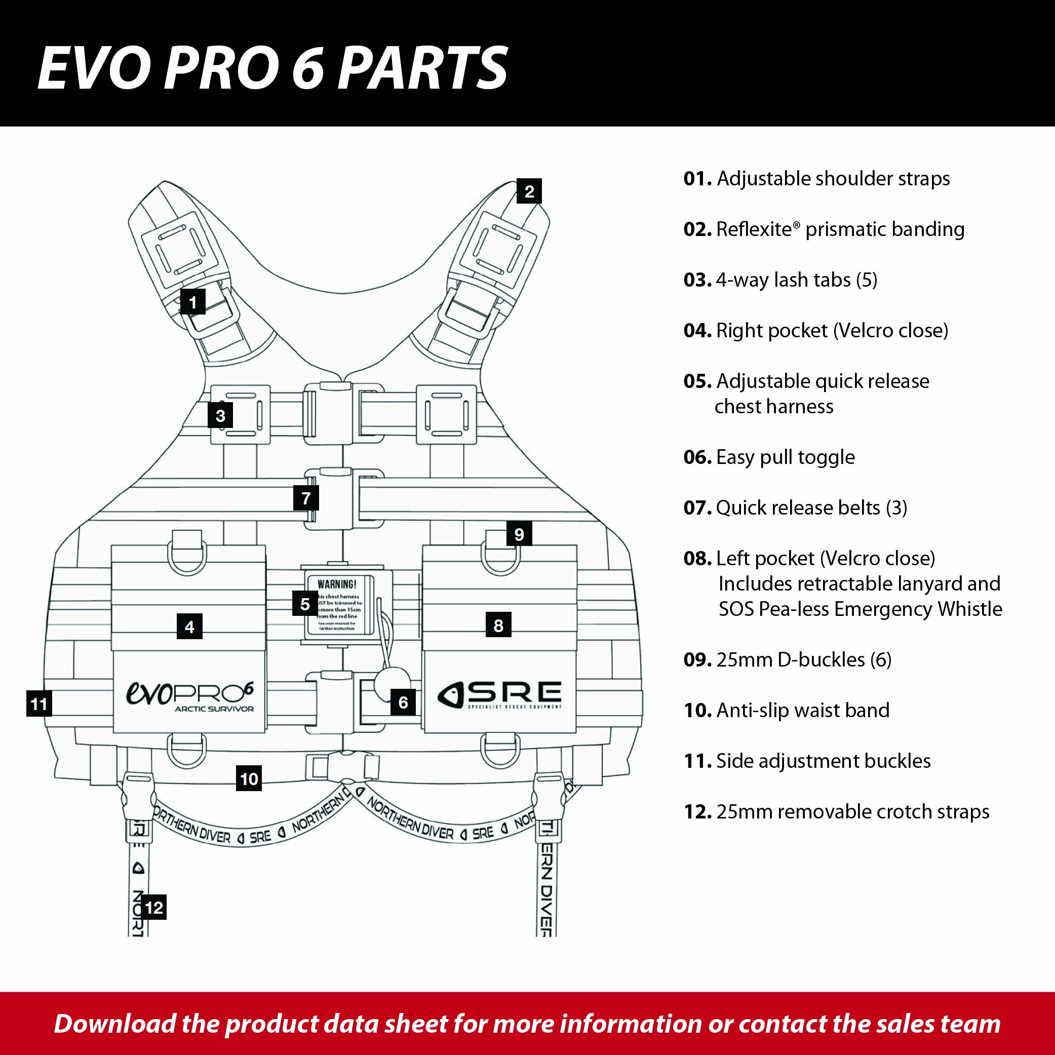 The Arctic Survivor Evo Pro 6 PFD features an adjustable quick-release chest harness, high-visibility Reflexite® banding and practical storage for demanding water rescue environments.