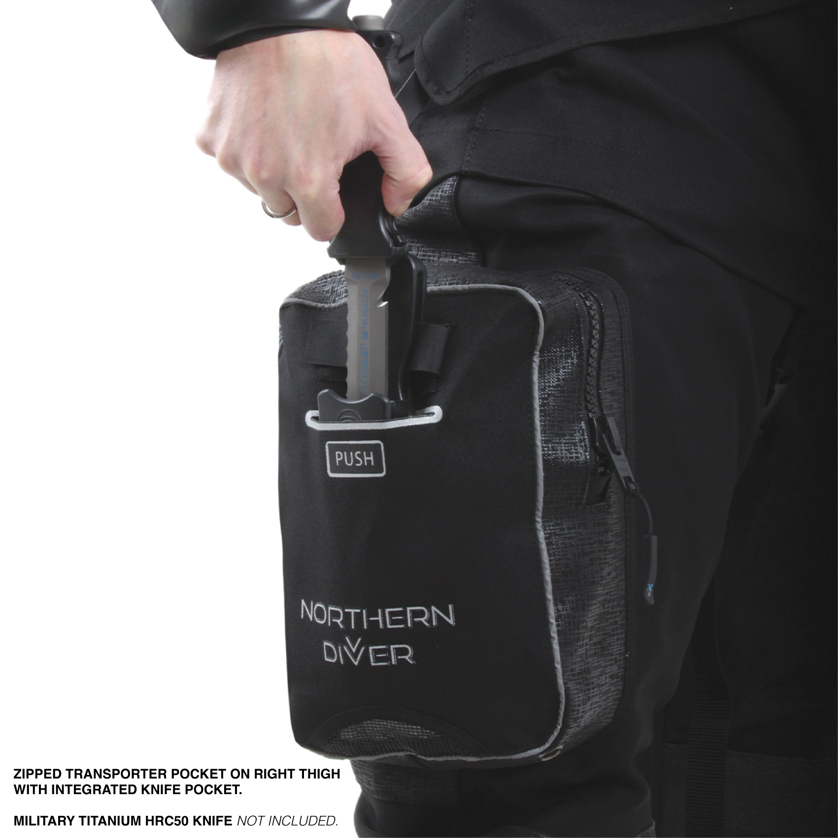 Zipped transporter pocket on right thigh with integrated knife pocket. Knife not included.