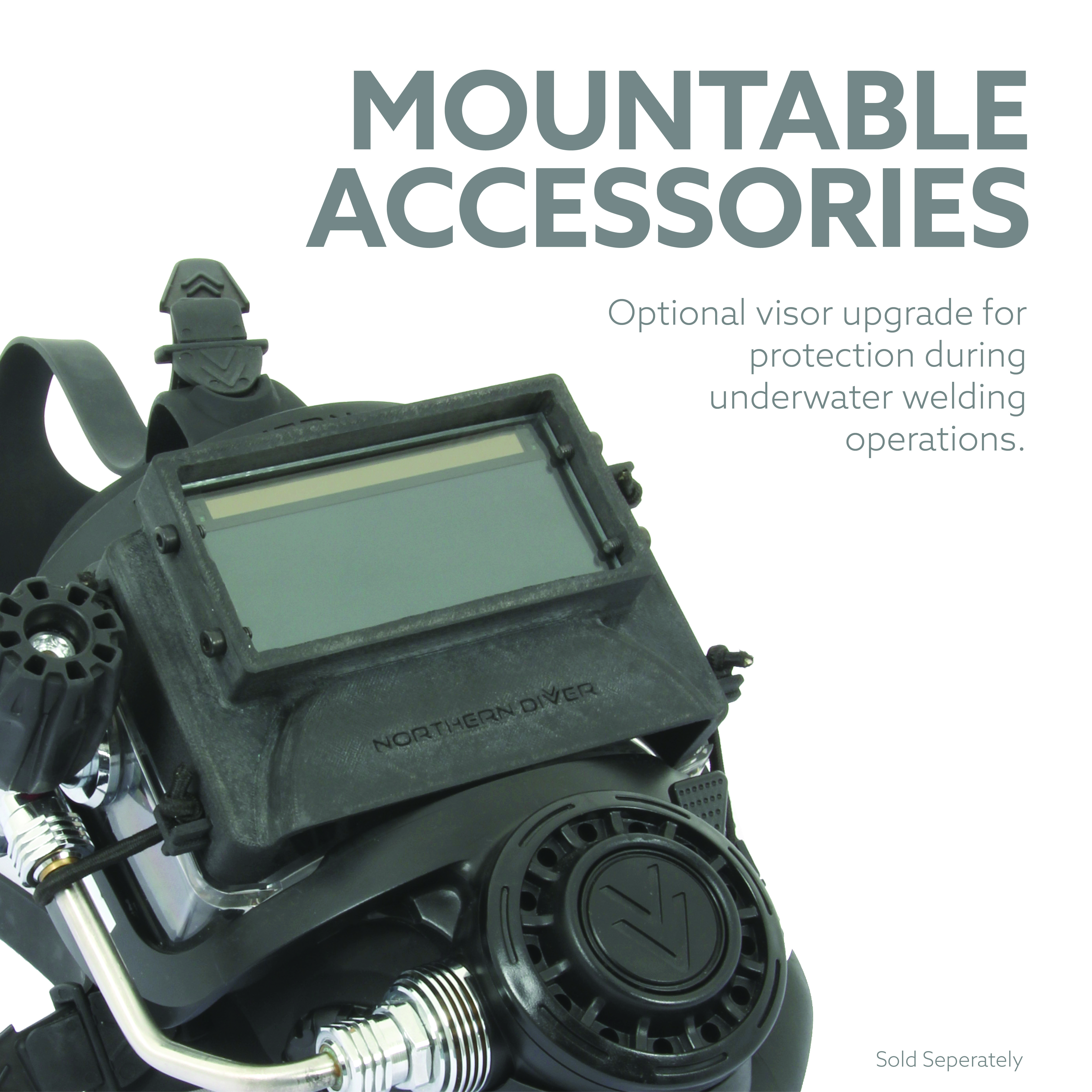 Optional visor upgrade for protection during underwater welding operations.